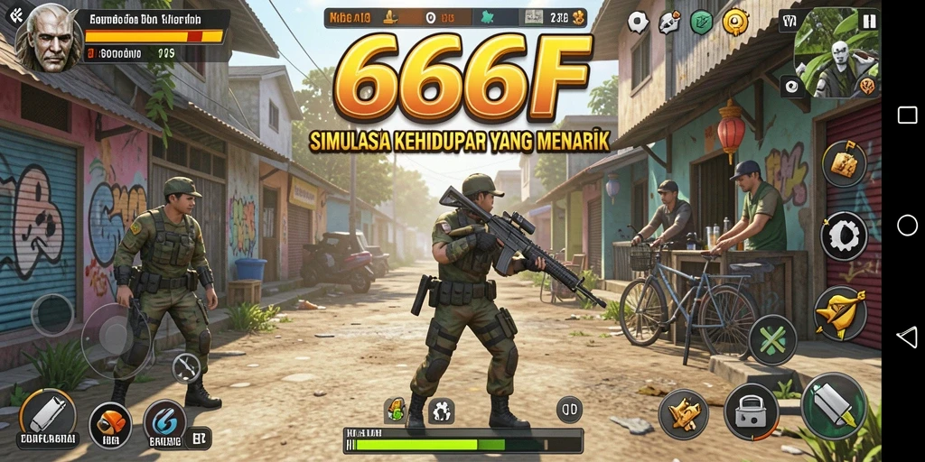 Screenshot gameplay 666F menampilkan interaksi karakter dalam simulasi.