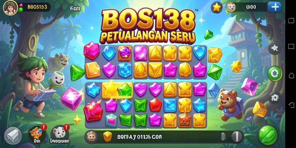Tampilan menarik gameplay di BOS138 dengan level Match-3 dan power-ups.