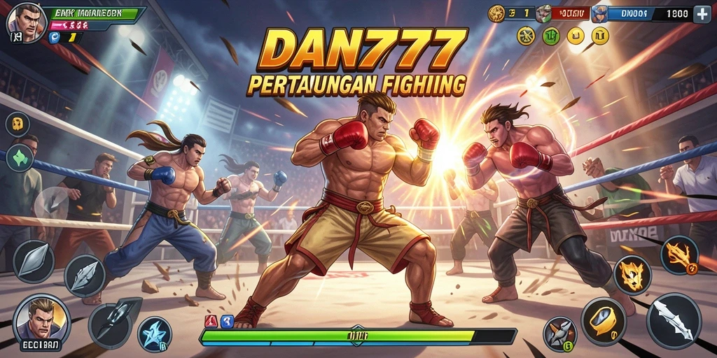 Tampilan gameplay menegangkan saat karakter bertarung di arena.