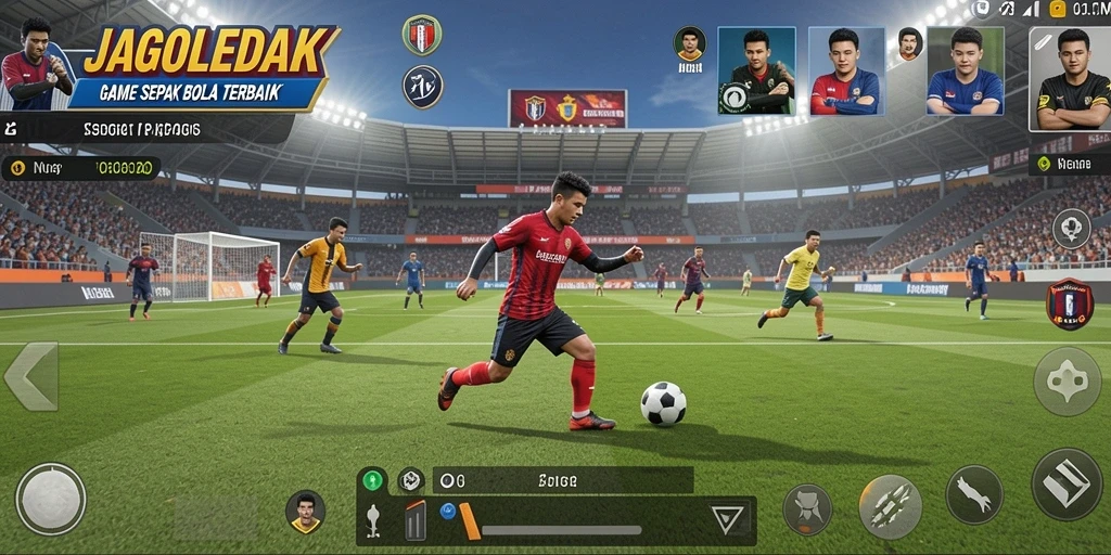 Tangkapan layar gameplay JAGOLEDAK yang menampilkan aksi sepak bola yang mendebarkan.
