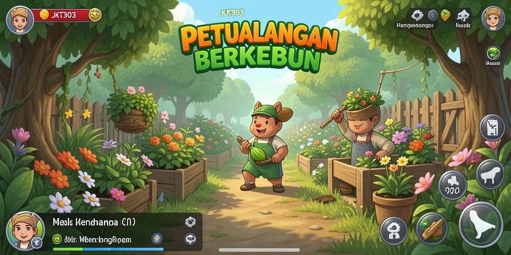 Tampilan gameplay seru dari JKT303 dengan aktivitas berkebun.