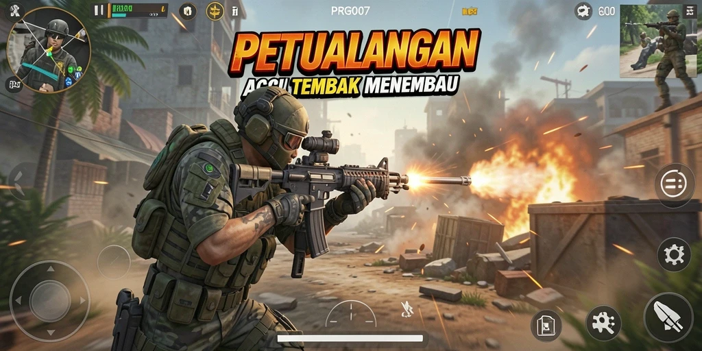 Tampilan gameplay PRG007 dengan aksi tembak-menembak yang intens.