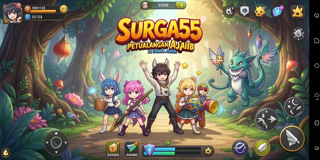 Tampilan screenshot gameplay SURGA55 yang penuh warna dan karakter.